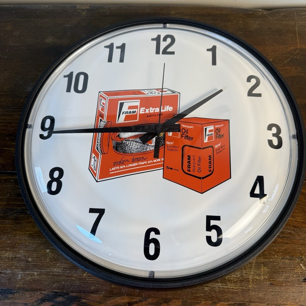 Vintage NOS Fram Filters Plastic Wall Clock Advertising Battery‎ Op 14" Tested